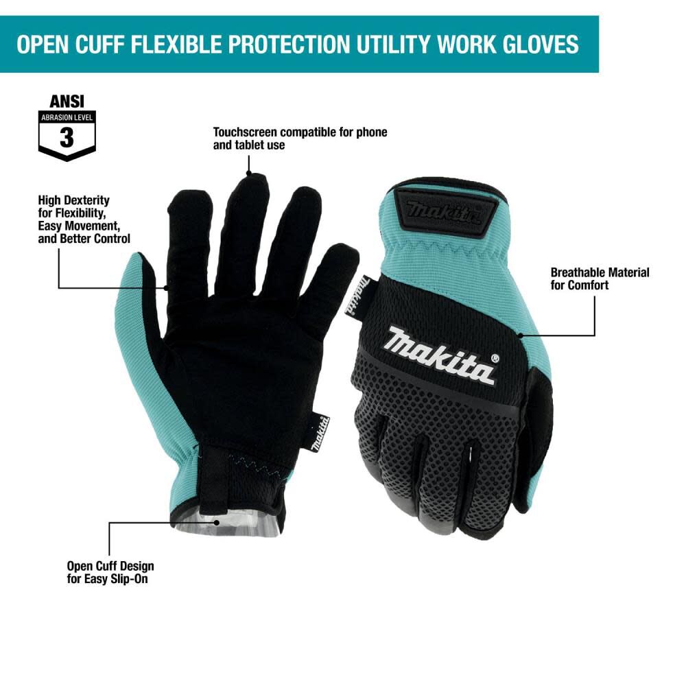 Makita T-04151 Open Cuff Flexible Protection Utility Work Gloves (Medium)