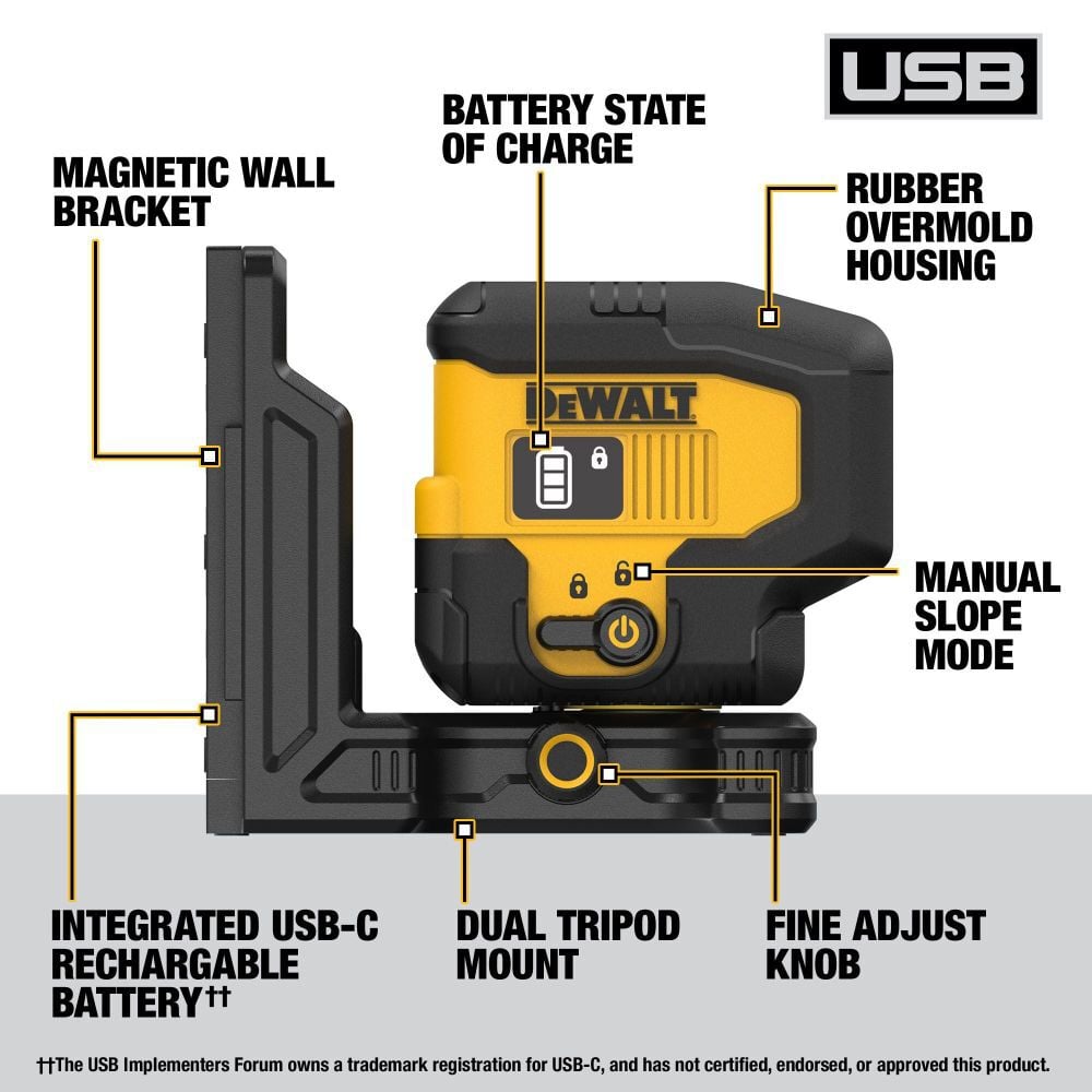 DEWALT USB Rechargeable Green 3 Spot Laser, large image number 2