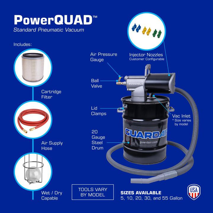 Guardair PowerQUAD 10 Gallon Pneumatic Vacuum Kit with 1-1/4 Inch Inlet, large image number 1