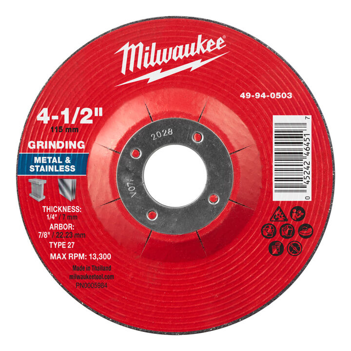 Milwaukee 4-1/2 Inch x 1/4 Inch x 7/8 Inch Metal Grinding Wheel Type 27, large image number 0