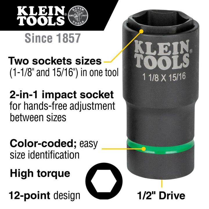 Klein Tools 2-in-1 Socket 1 1/8in X 15/16in 6 Pt, large image number 1