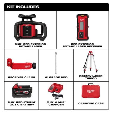 Milwaukee M18 Red Exterior Rotary Laser Level Kit with Receiver, Tripod, & Grade Rod, large image number 1