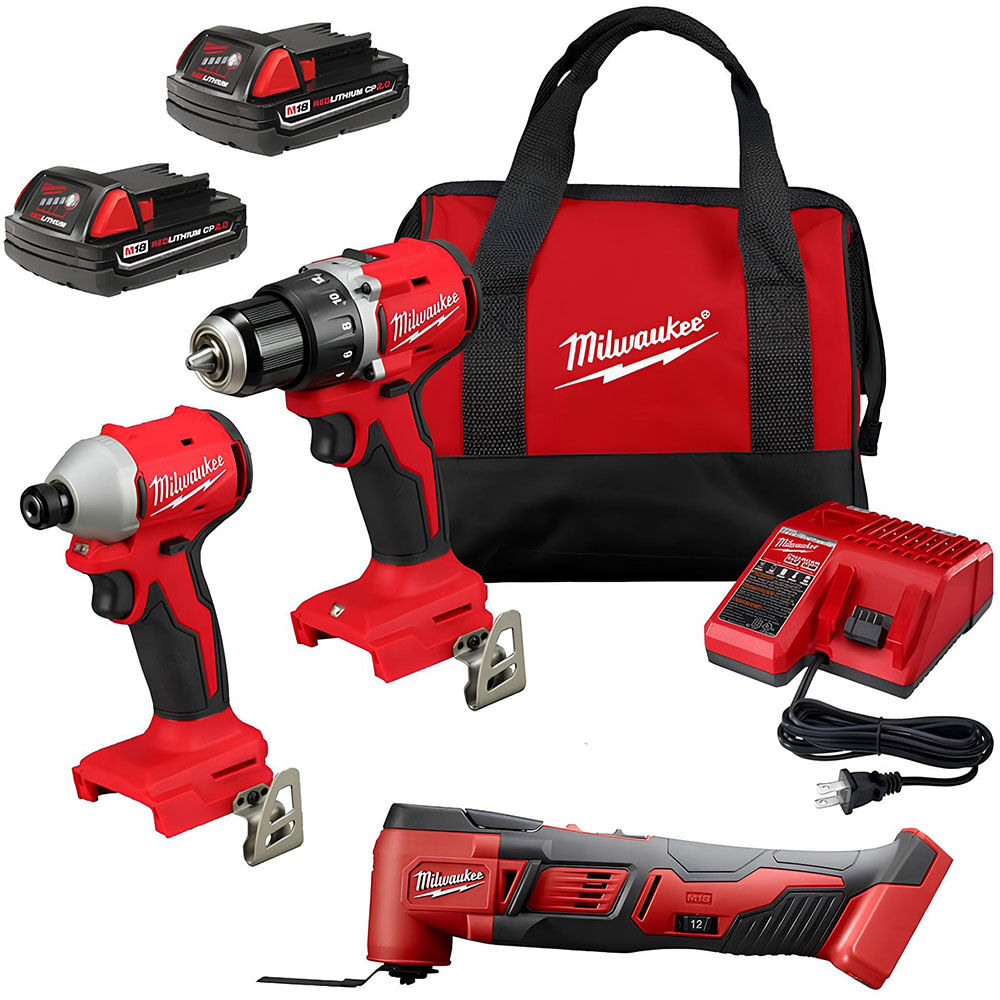 Milwaukee M18 1/2 Inch Drill Driver, 1/4 Inch Impact Driver & Multi-Tool Saw Kit Bundle, large image number 1