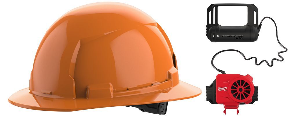 Milwaukee BOLT Orange Full Brim Hard Hat with 6pt Ratcheting Suspension Type 1 Class E & USB Cooling Fan Bundle - MIL000011714