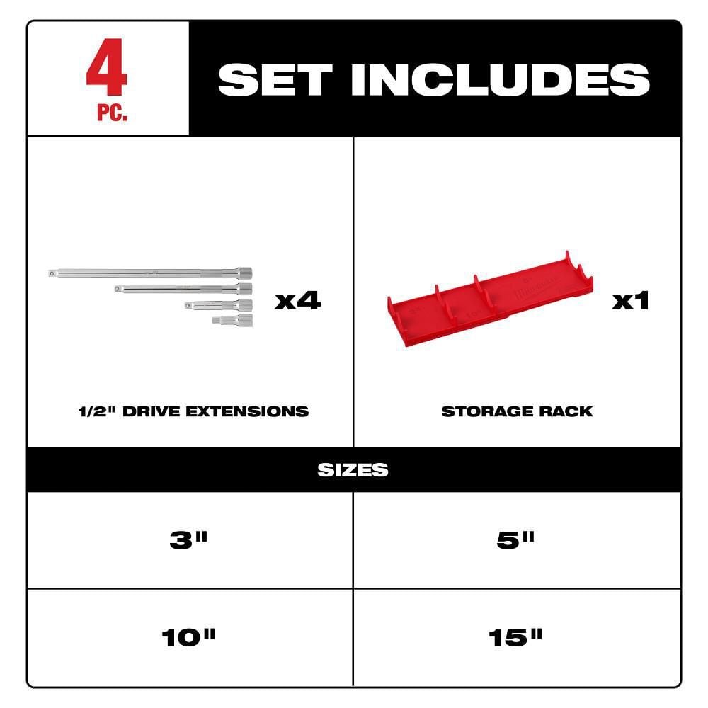 Milwaukee 4pc 1/2 Drive Extension Set, large image number 3