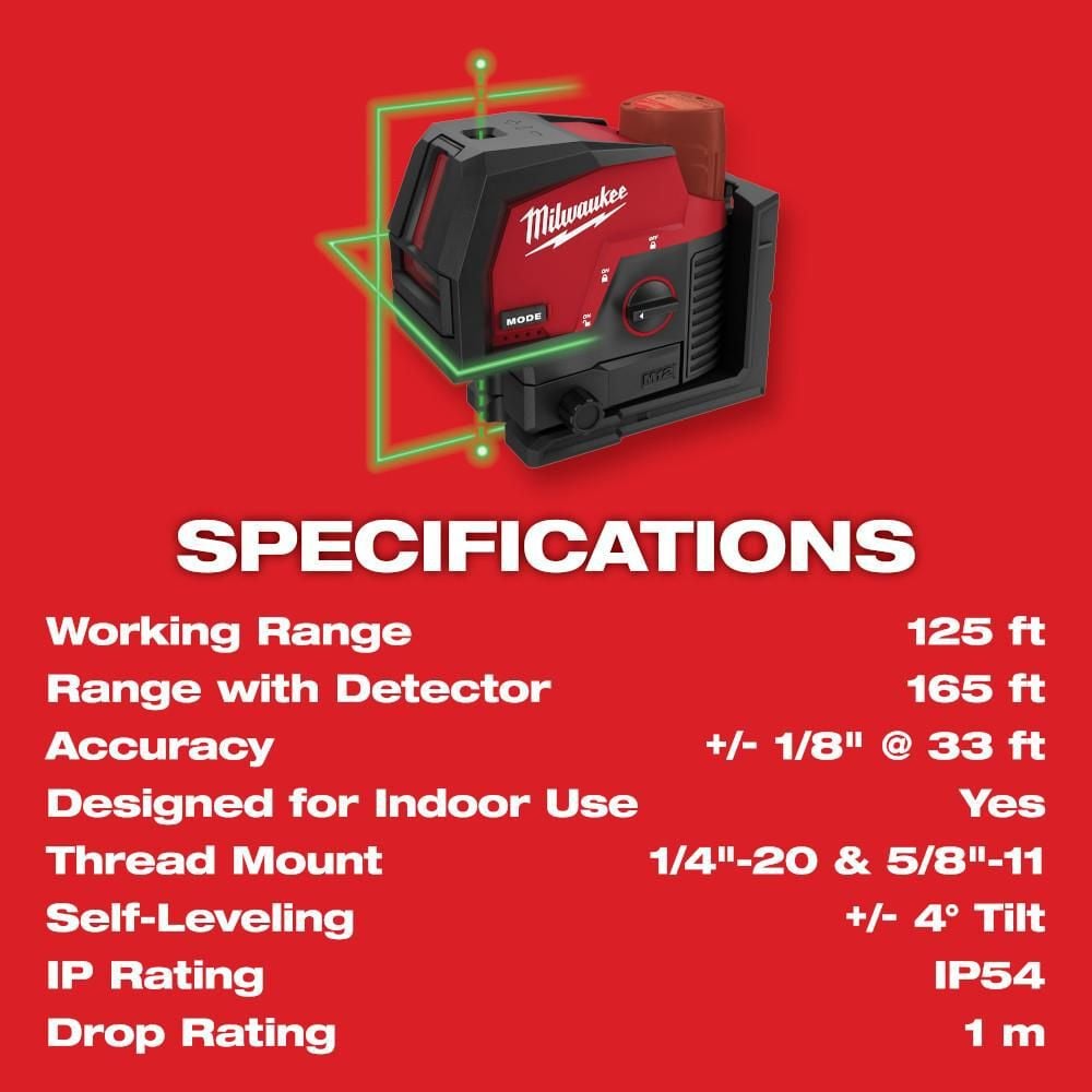 Milwaukee M12 Green Beam Laser Cross Line and Plumb Points (Bare Tool), large image number 10