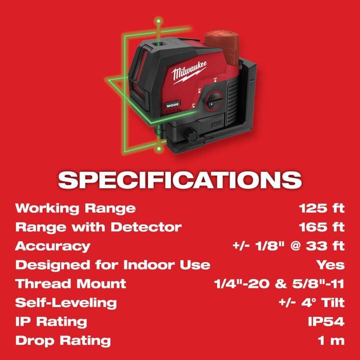 Milwaukee M12 Green Beam Laser Cross Line and Plumb Points (Bare Tool), large image number 9