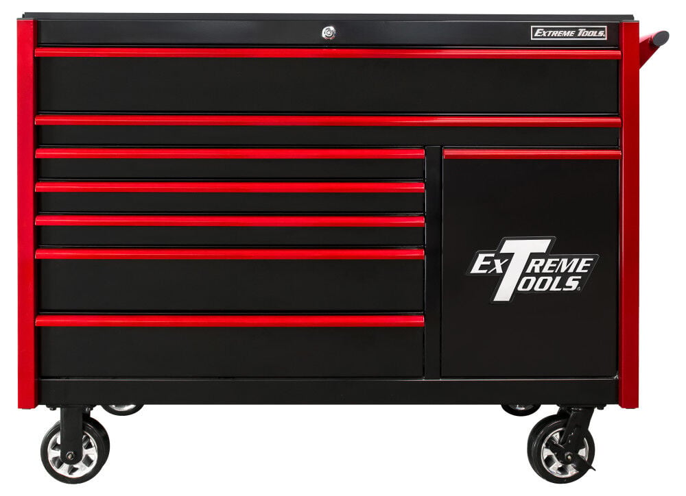 Extreme Tools DX Series 55 Inch W x 25 Inch D 8 Drawer Roller Cabinet Including Power Tool Drawer 100 lb Slides Black with Red Drawer Pulls, large image number 1