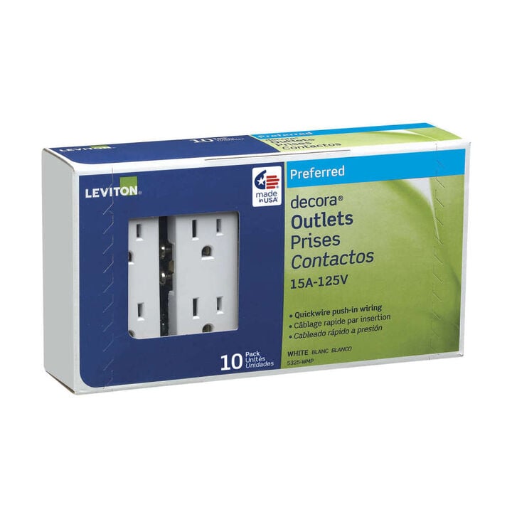 Leviton Decora 15A 125V White Grounded Duplex Outlet Receptacle 10pk, large image number 1
