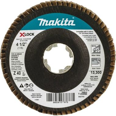 Makita X-LOCK 41/2in 40 Grit Type 29 Angled Grinding and Polishing Flap Disc for X-LOCK and All 7/8in Arbor Grinders