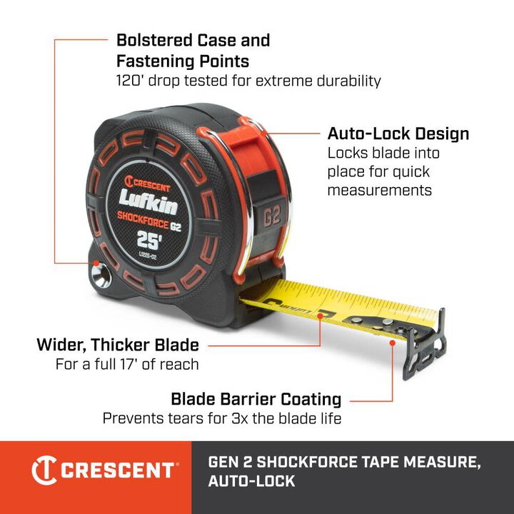 Crescent Lufkin Shockforce G2 Auto Lock Tape Measure 1 1/4in x 25', large image number 1