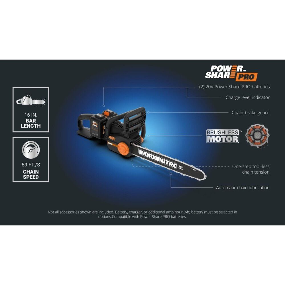 Worx 40V Cordless Chainsaw 16 in Bar & Chain, large image number 11