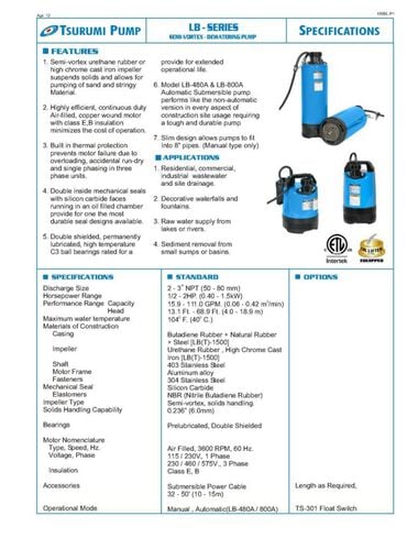 Tsurumi LB-800A Electric Submersible Pump, large image number 1