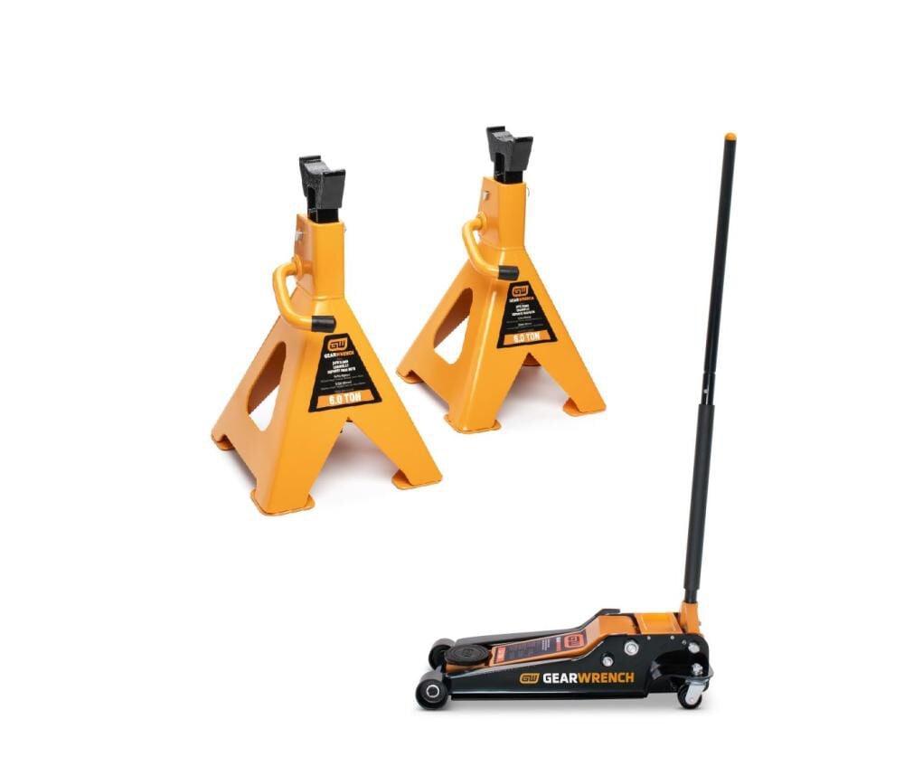 GEARWRENCH 3.5 Ton Low Profile Floor Jack & 6 Ton Ratcheting Jack Stand 2 Pack Bundle, large image number 1