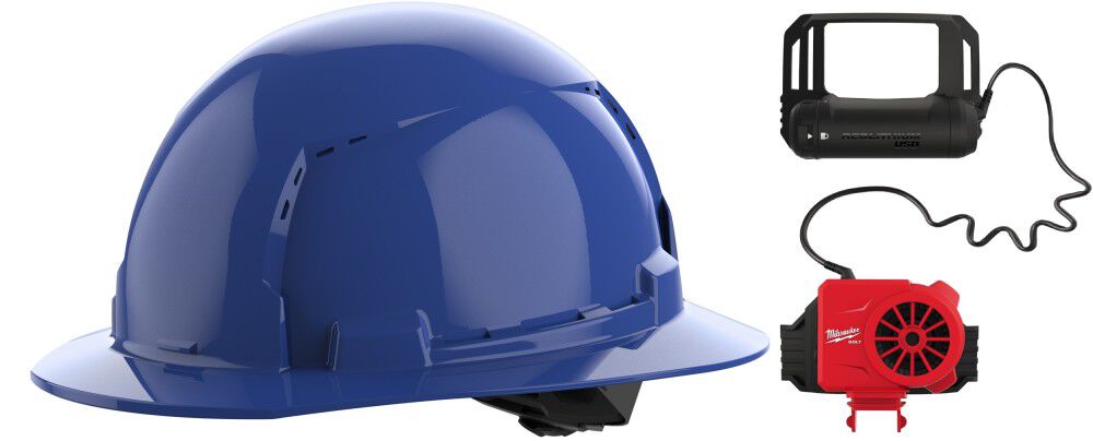 Milwaukee BOLT Blue Full Brim Vented Hard Hat with 4pt Ratcheting Suspension Type 1 Class C & Cooling Fan Bundle, large image number 1