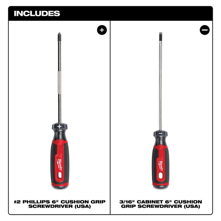 Milwaukee 6 Inch Cushion Grip Screwdriver 2 Piece Set USA, large image number 1