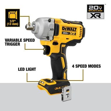 DEWALT 20V MAX XR 1/2in Mid Range Impact Wrench with Detent Pin Anvil (Bare Tool), large image number 7