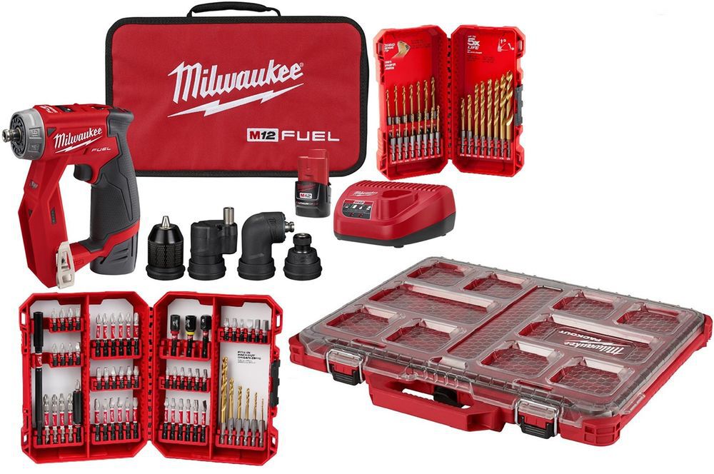 Milwaukee M12 FUEL Installation Drill/Driver Kit PACKOUT Low-Profile Organizer 60pc SHOCKWAVE Drill Bit Set & 23pc Titanium Drill Bit Set, large image number 1