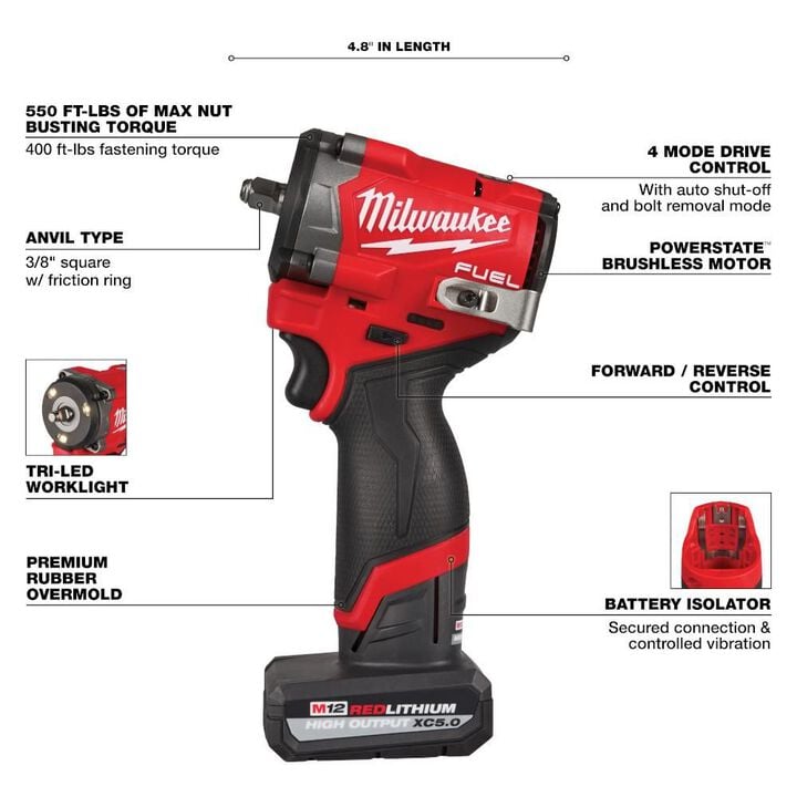 Milwaukee M12 FUEL  Stubby 3/8 Inch Impact Wrench Kit, large image number 3
