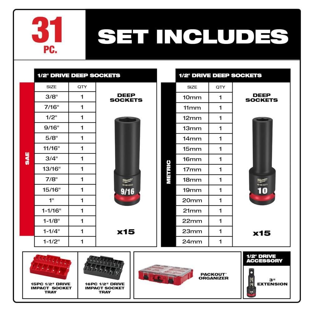Milwaukee SHOCKWAVE Impact Duty Socket 1/2 Dr SAE/MM PACKOUT Set 31pc, large image number 4