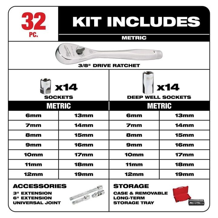 Milwaukee 3/8 in. Drive 32 pc. Ratchet & Socket Set - Metric, large image number 1
