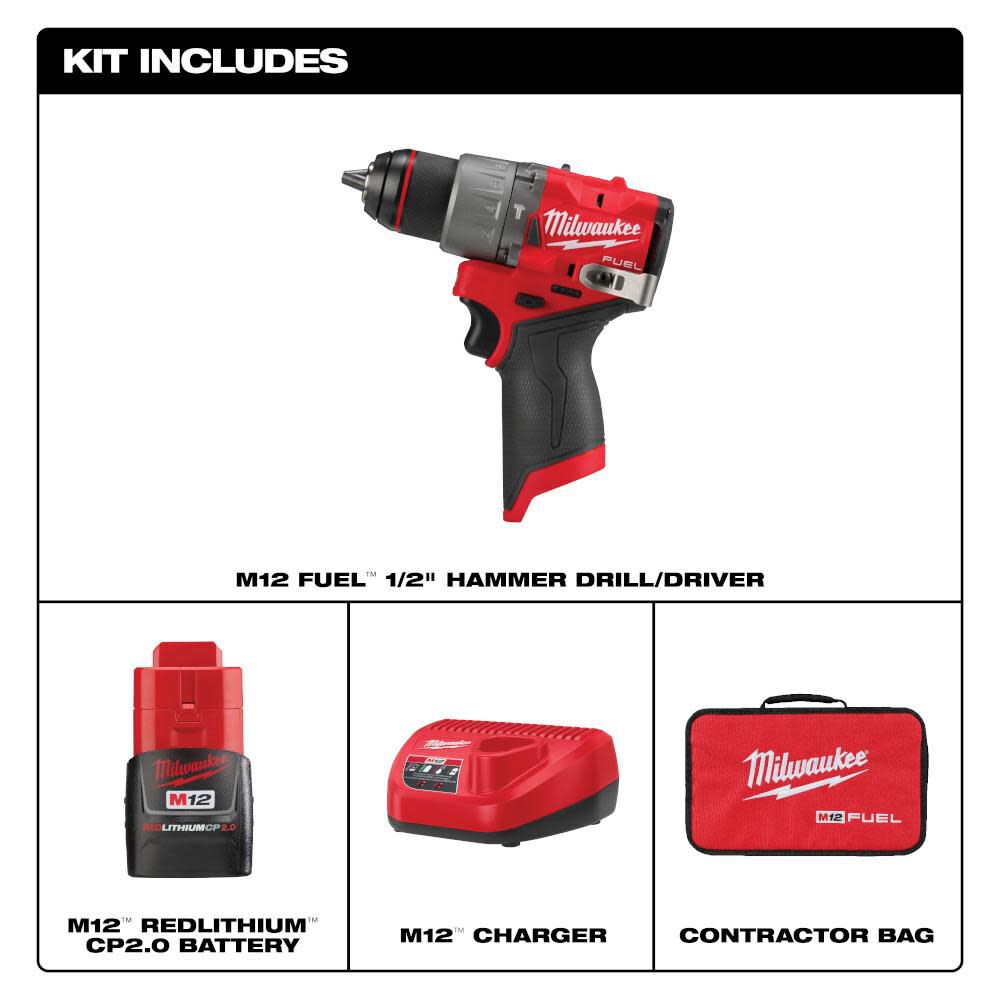 Milwaukee M12 FUEL 1 2 Inch Hammer Drill Driver Kit 3404 21 Acme Tools