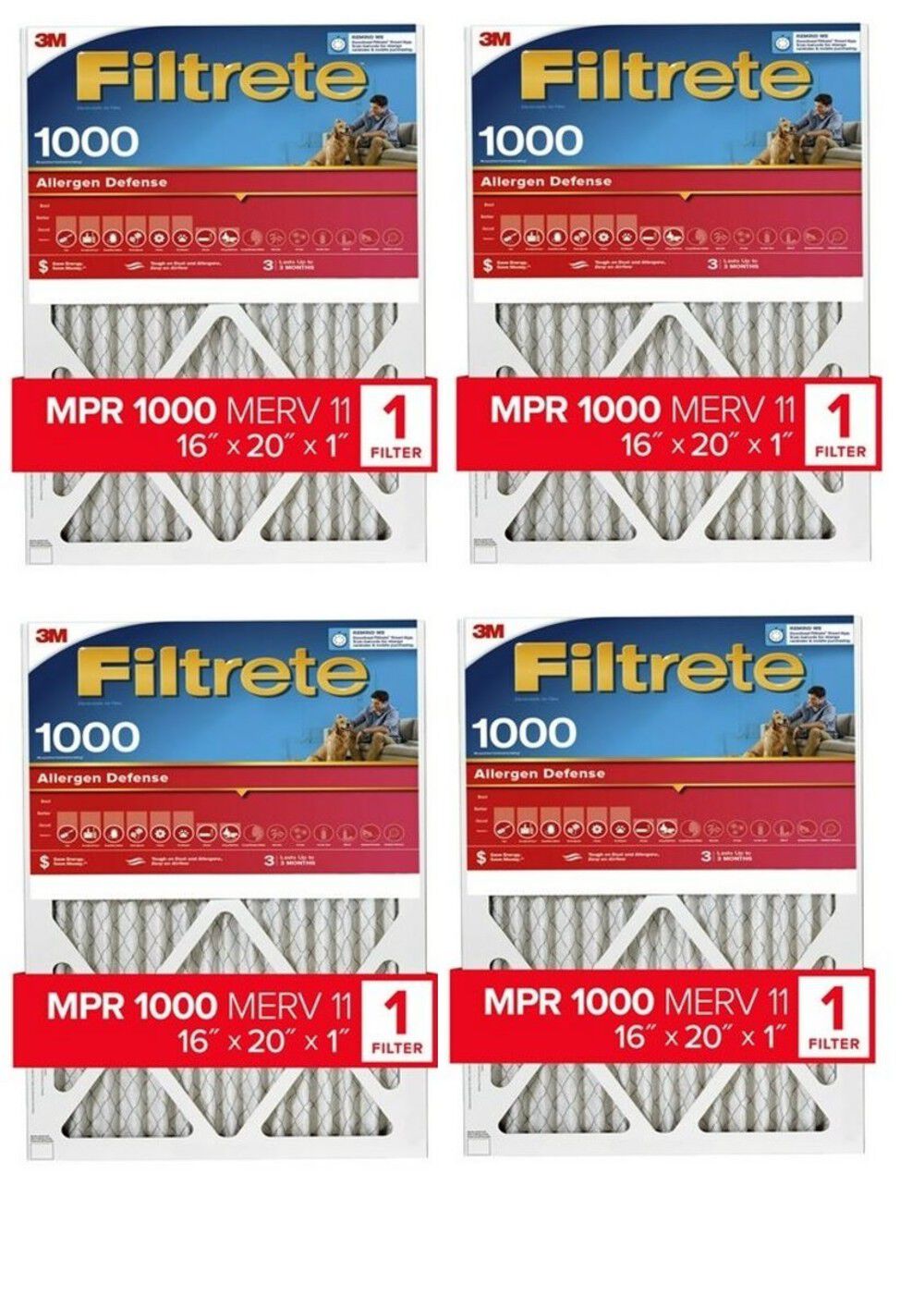 3M Filtrete 1000 MPR 16 x 20 x 1 Inch Allergen Defense Air Filter 4 Pack – 9800-4