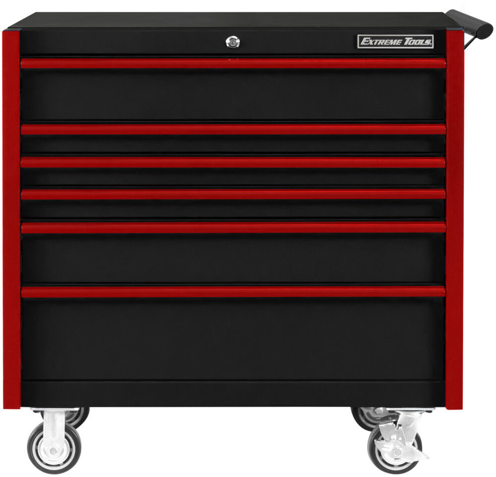 Extreme Tools DX Series 41 Inch W X 25 Inch D 6 Drawer Roller Cabinet 100 lbs Slides Black with Red Drawer Pulls - DX412506RCBKRD