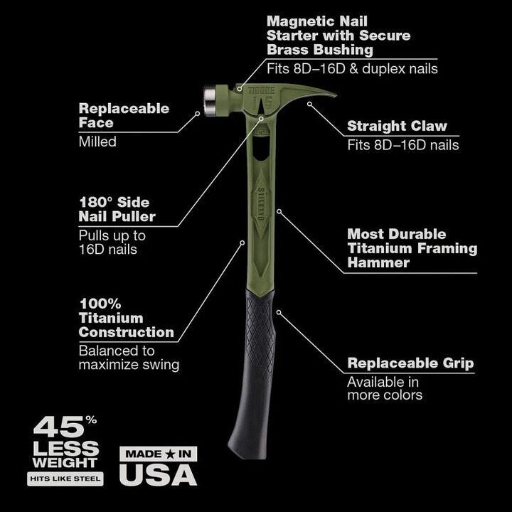 Stiletto TIBONE 15oz Limited Edition Green Titanium Framing Hammer with Red Handle, large image number 2