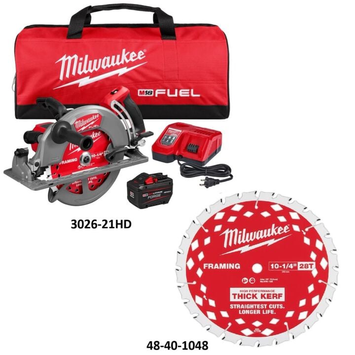 Milwaukee M18 FUEL 10-1/4 Inch Rear Handle Circular Saw Kit and 10-1/4 Inch 28T Thick Kerf Framing Circular Saw Blade Bundle, large image number 1
