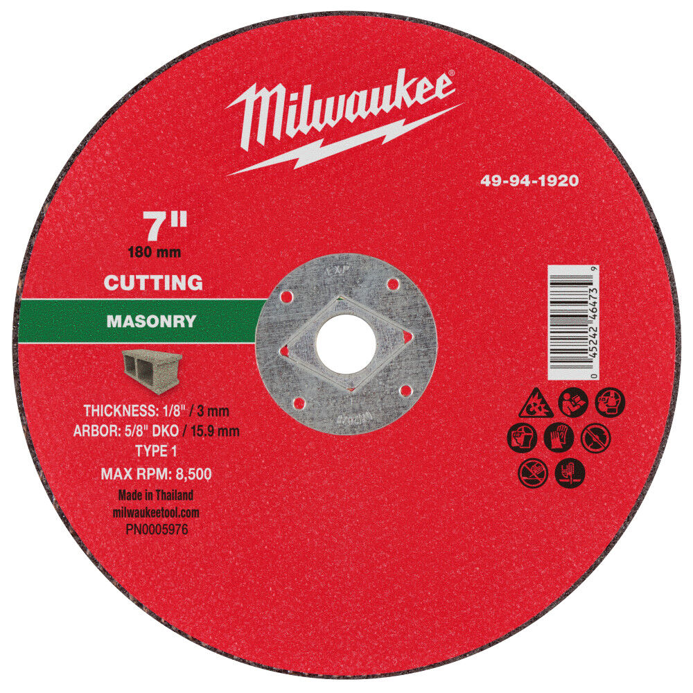 Milwaukee 7 Inch x 1/8 Inch x 5/8 Inch DKO Masonry Cut Off Wheel Type 1, large image number 1