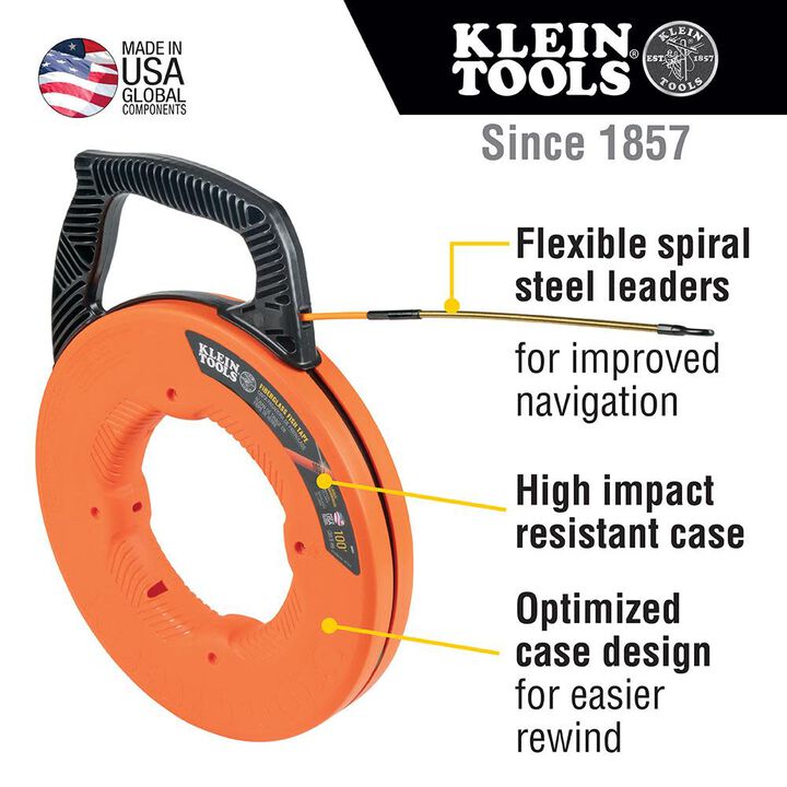 Klein Tools 100' Fiberglass Fish Tape with Leader, large image number 1