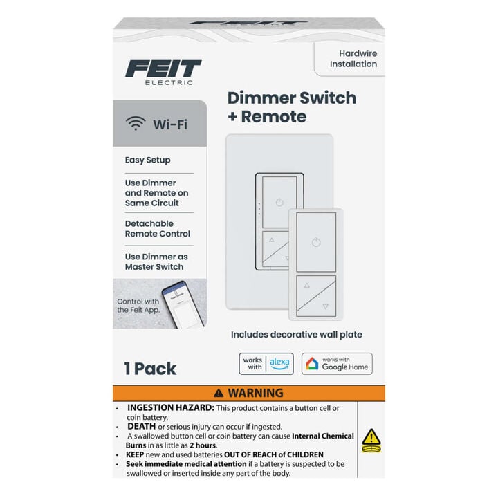 Feit Electric 200/600W Bulb White Hardwired Paddle Smart-Enabled Dimmer Switch, large image number 2