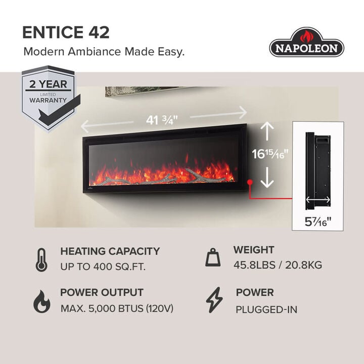 Napoleon Entice 42 Inch Black Single-Sided Wall-Hanging Electric Fireplace, large image number 2