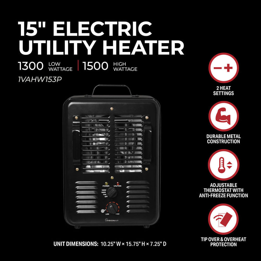 VisionAir 15 In. 1300/1500W 5120 Btu 160 Sq-Ft. Milkhouse Heater, large image number 4