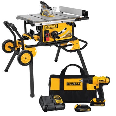 DEWALT 10 Inch Corded Jobsite Table Saw with Rolling Stand & Cordless Drill/Driver Combo Kit Bundle, large image number 0