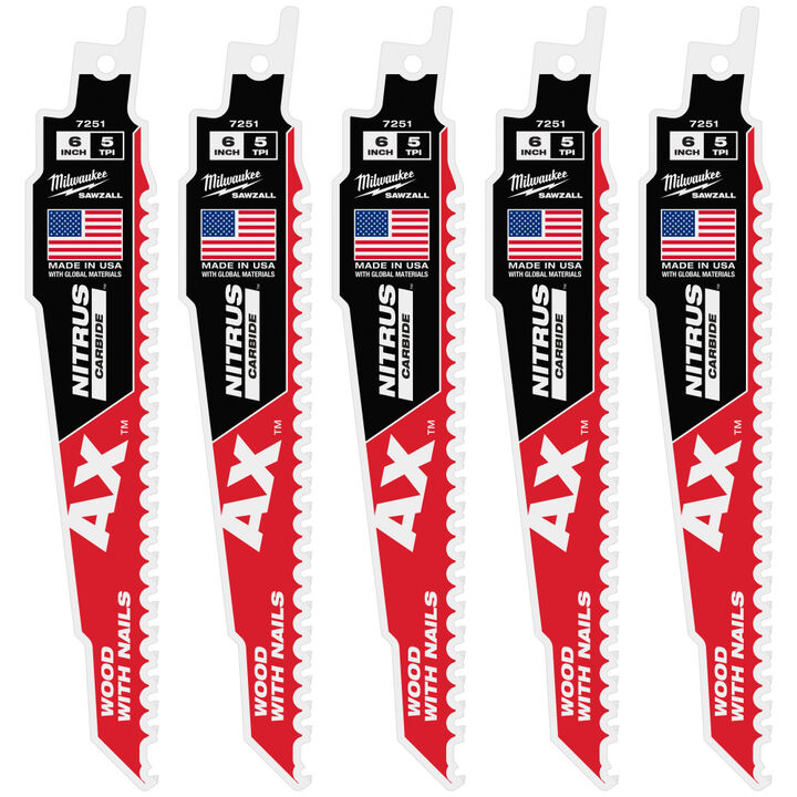 Milwaukee 6 Inch 5 TPI AX with NITRUS Carbide Teeth SAWZALL Blade for Wood with Nails 5 Pieces