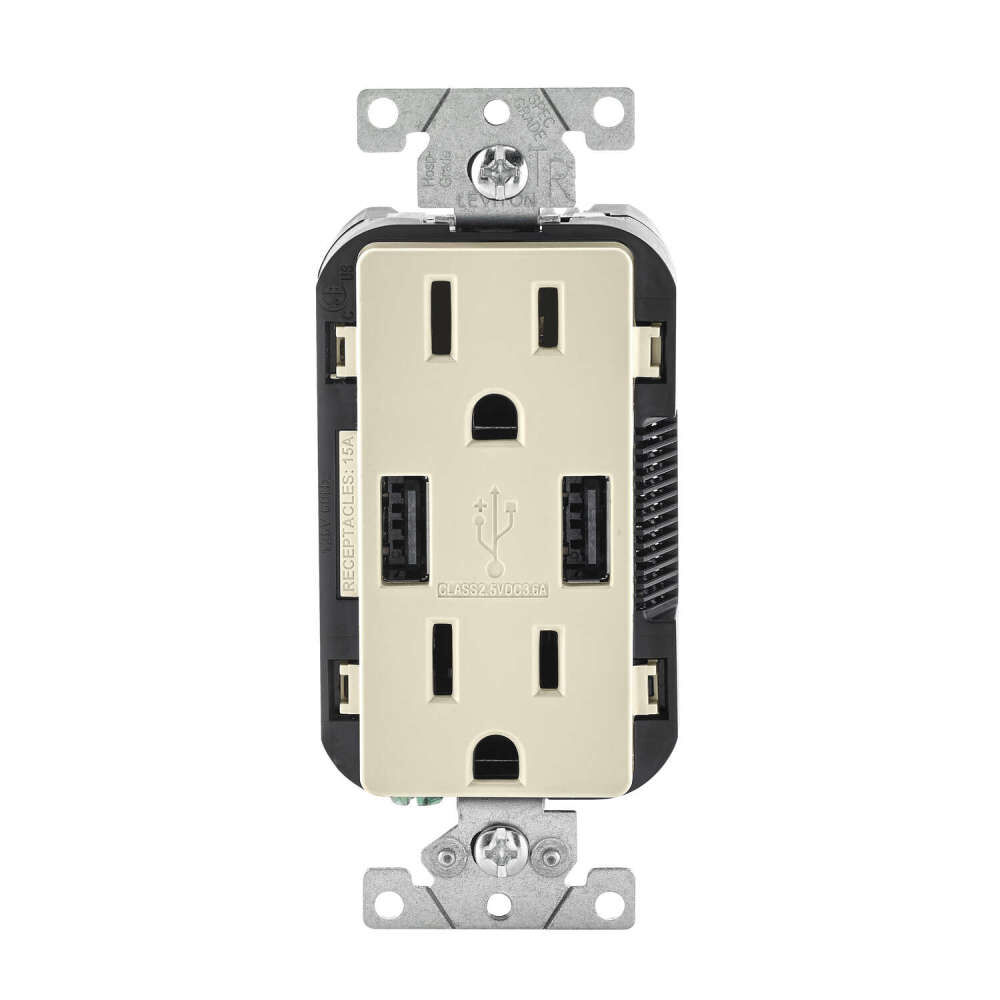 Leviton Decora 5-15R Outlet & USB Charger 15A 125V Light Almond, large image number 1