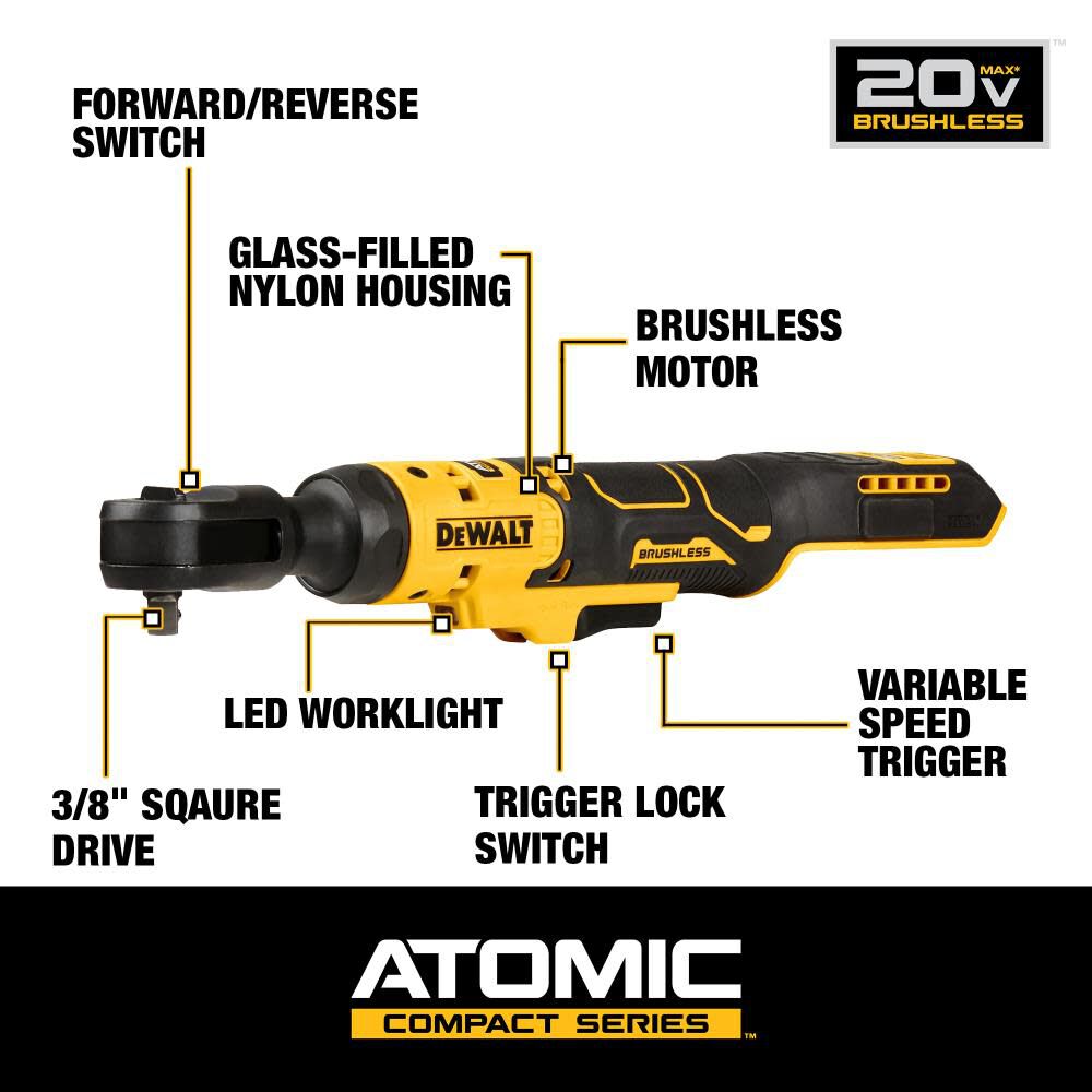 DEWALT ATOMIC 20V MAX Ratchet (Bare Tool) Brushless 3/8in DCF513B