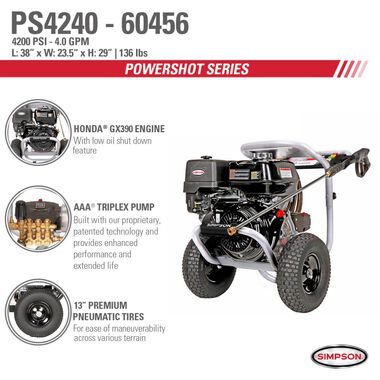 Simpson PowerShot 4200 PSI at 4.0 GPM HONDA GX390 with AAA Industrial Triplex Pump Cold Water Professional Gas Pressure Washer (49-State), large image number 6