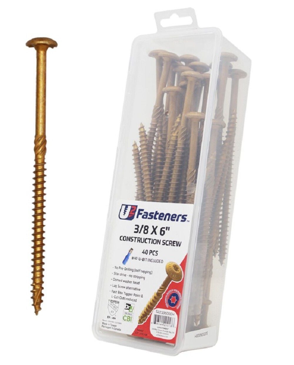 U2 Fasteners Construction Screw 3/8 Inch X 6 Inch, 40ct, large image number 1
