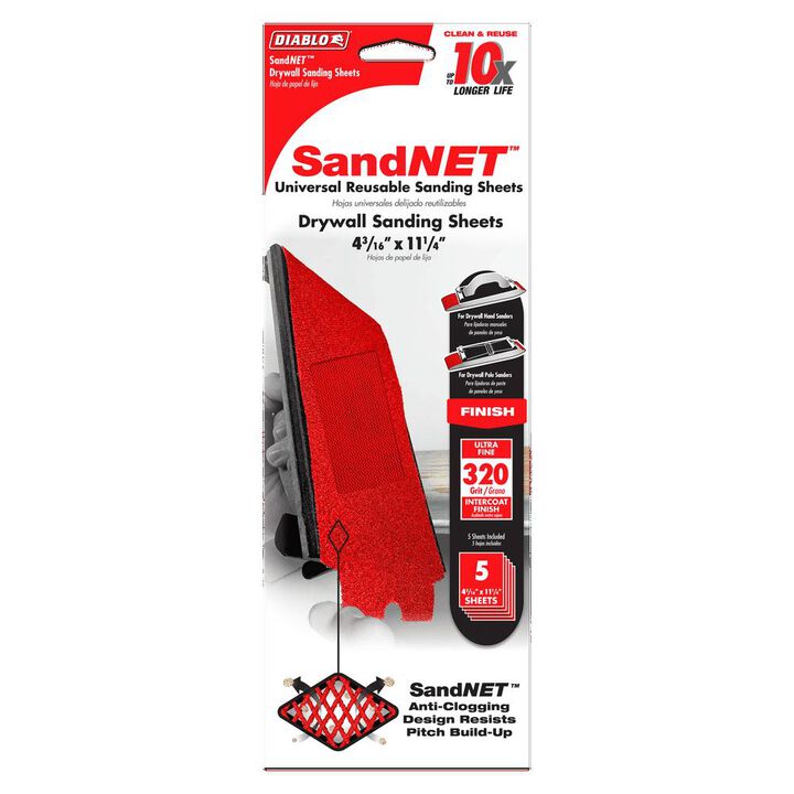 Diablo Tools SandNET Drywall Sanding Sheet 4 3/16in x 11 1/4in 320 Grit Reusable, large image number 1