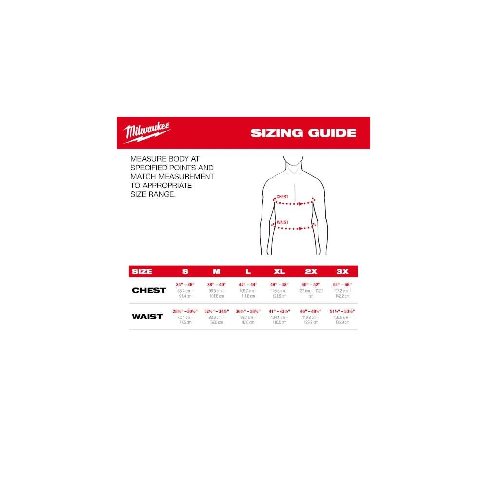 Milwaukee heated jacket size chart on sale