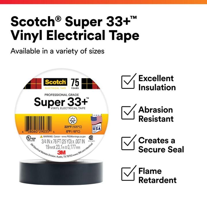 3M Super 33+ 3/4 Inch x 76 Ft Scotch Black Vinyl Electrical Tape - 1 Roll, large image number 1
