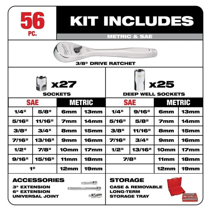 Milwaukee 3/8 in. Drive 56 pc. Ratchet & Socket Set - SAE & Metric, large image number 1