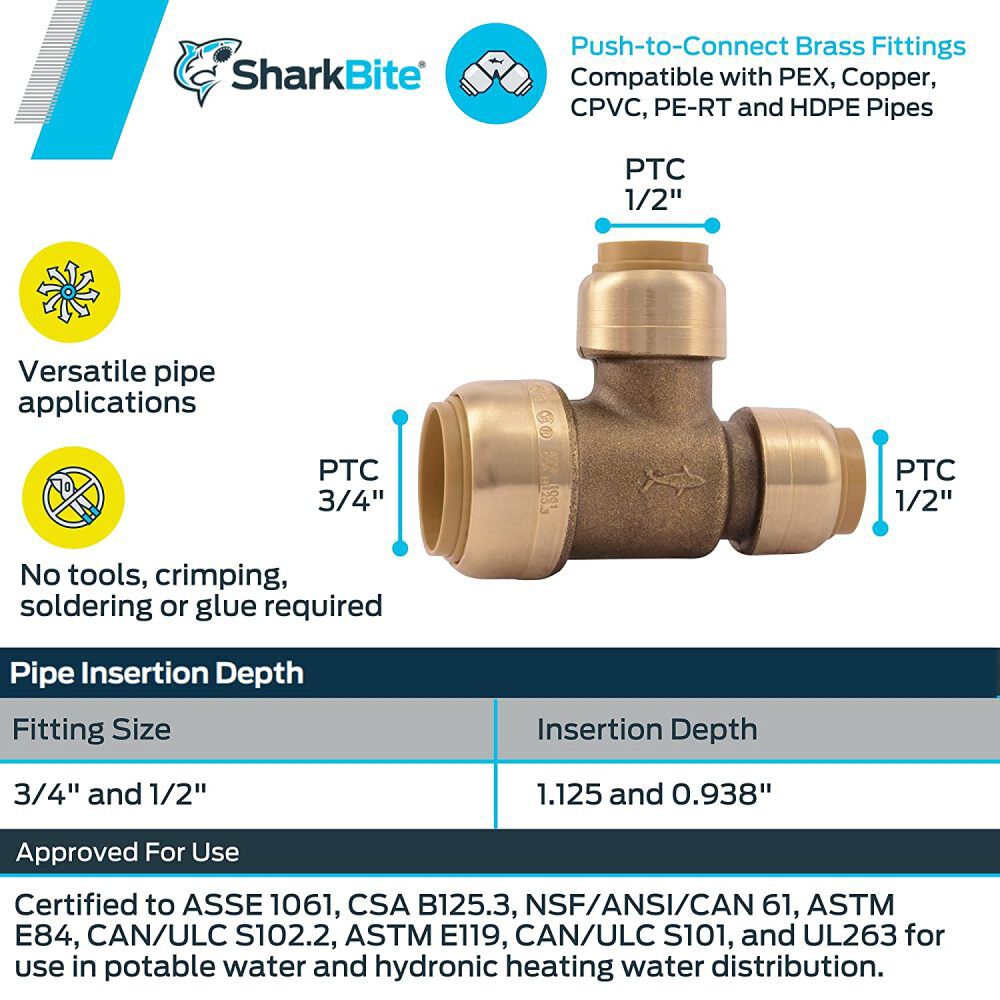 Sharkbite 3/4 x 1/2 x 1/2in Push to Connect Brass Reducing Tee, large image number 3