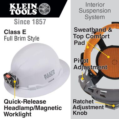 Klein Tools Hard Hat Non-vented Full Brim with Rechargeable Headlamp White, large image number 1