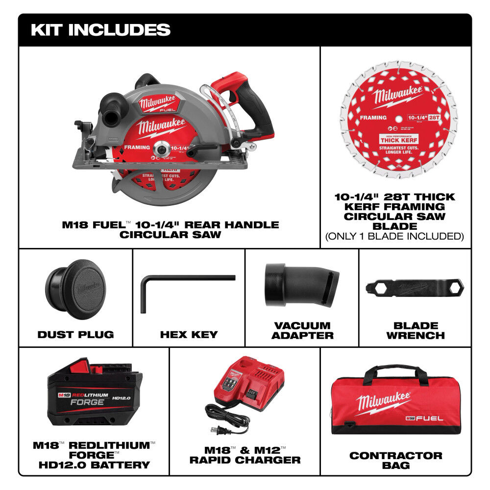 Milwaukee M18 FUEL 10-1/4 Inch Rear Handle Circular Saw Kit and 10-1/4 Inch 28T Thick Kerf Framing Circular Saw Blade Bundle, large image number 4
