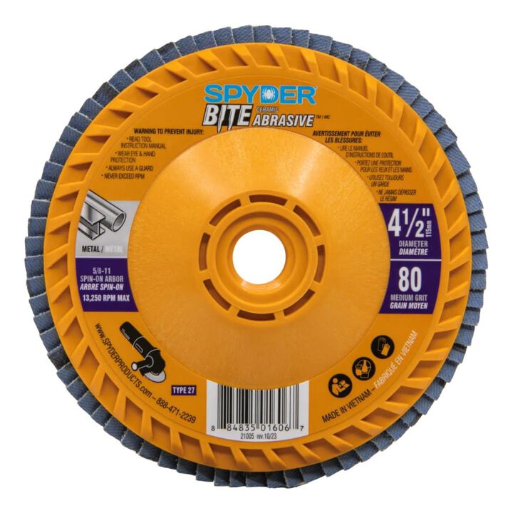 Spyder 4.5 Inch Ceramic Abrasive Flap Disk, 80 Grit, 5/8 Inch-11 Arbor Type 27