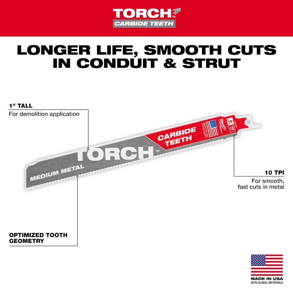 Milwaukee 9 Inch 10TPI TORCH Carbide Teeth Metal Cutting Reciprocating Saw Blade 3pk, large image number 5